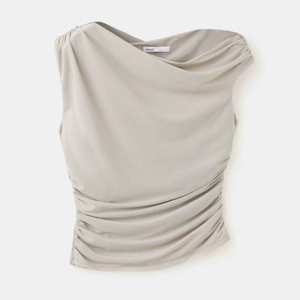 Mango MNG Beige Draped Cowl Neck Ruched Sleeveless Top Side Zip - small